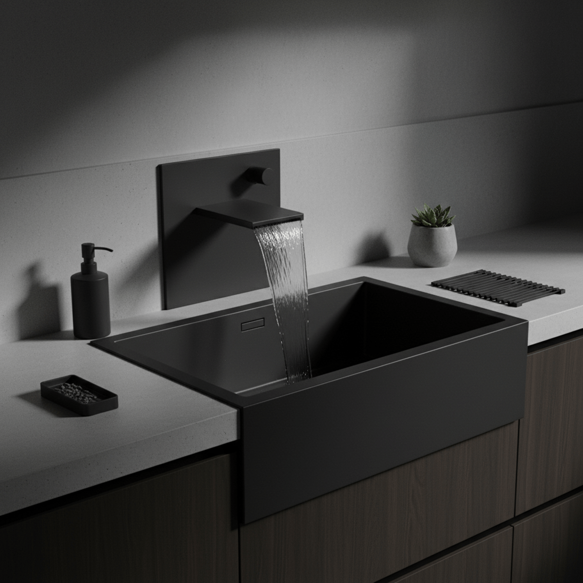 Monolithic matte black waterfall kitchen sink with geometric form and integrated faucet.