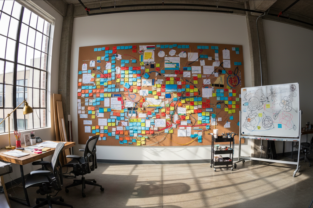 Wide shot of corkboard with index cards and post-its under natural light, symbolizing complex storytelling and world-building