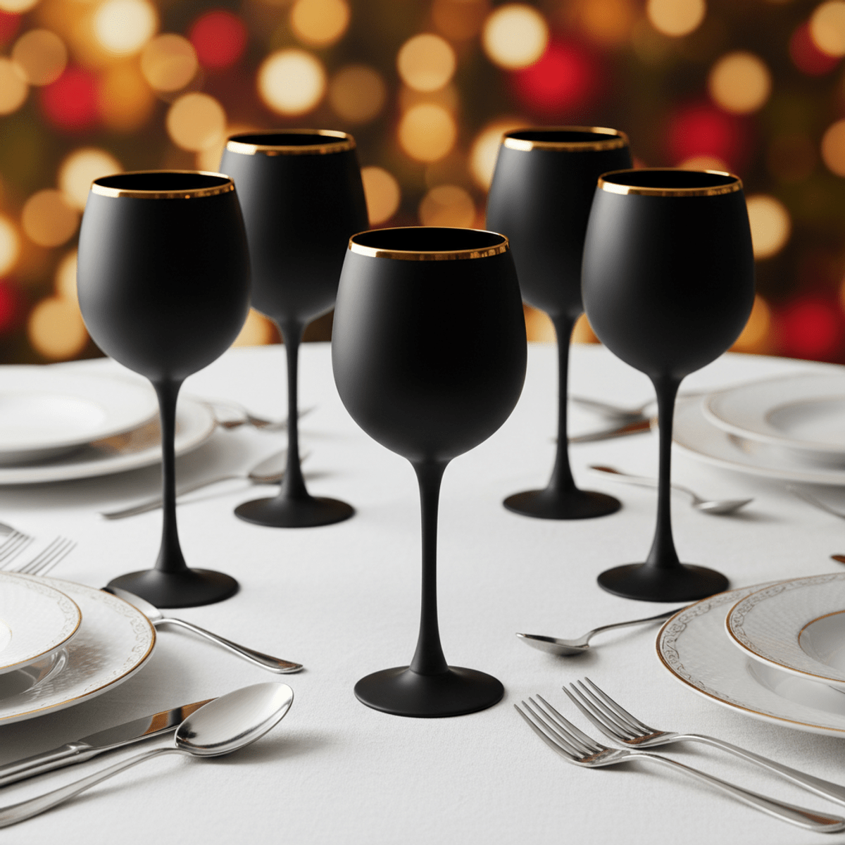 Elegant matte black wine glasses with gold rims on a white linen tablecloth.