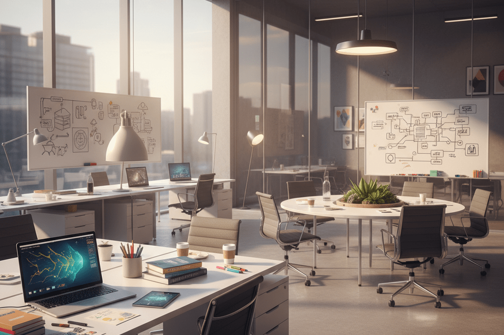 Sunlit office space with creative workstations symbolizing neurodivergent problem-solving strategies under natural light