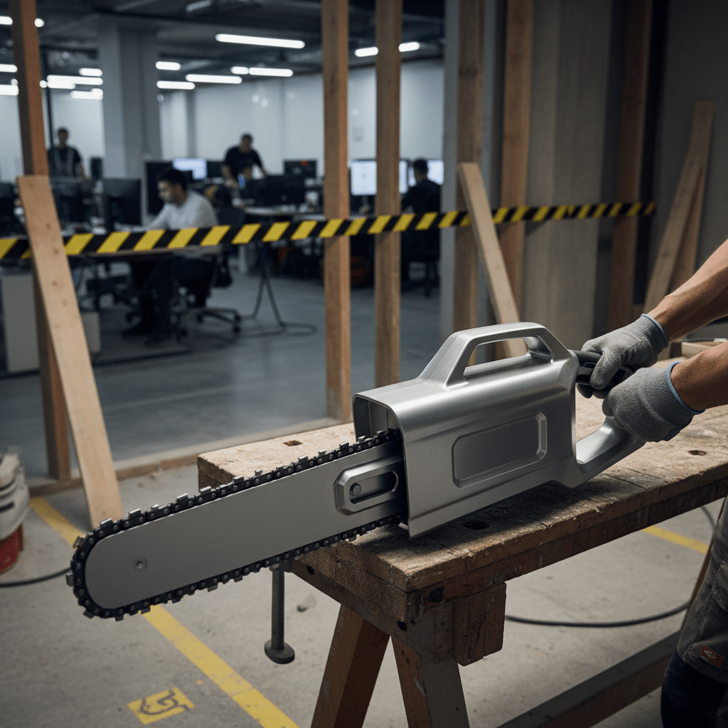 Close-up of a futuristic electric concrete chain saw with a diamond chain.