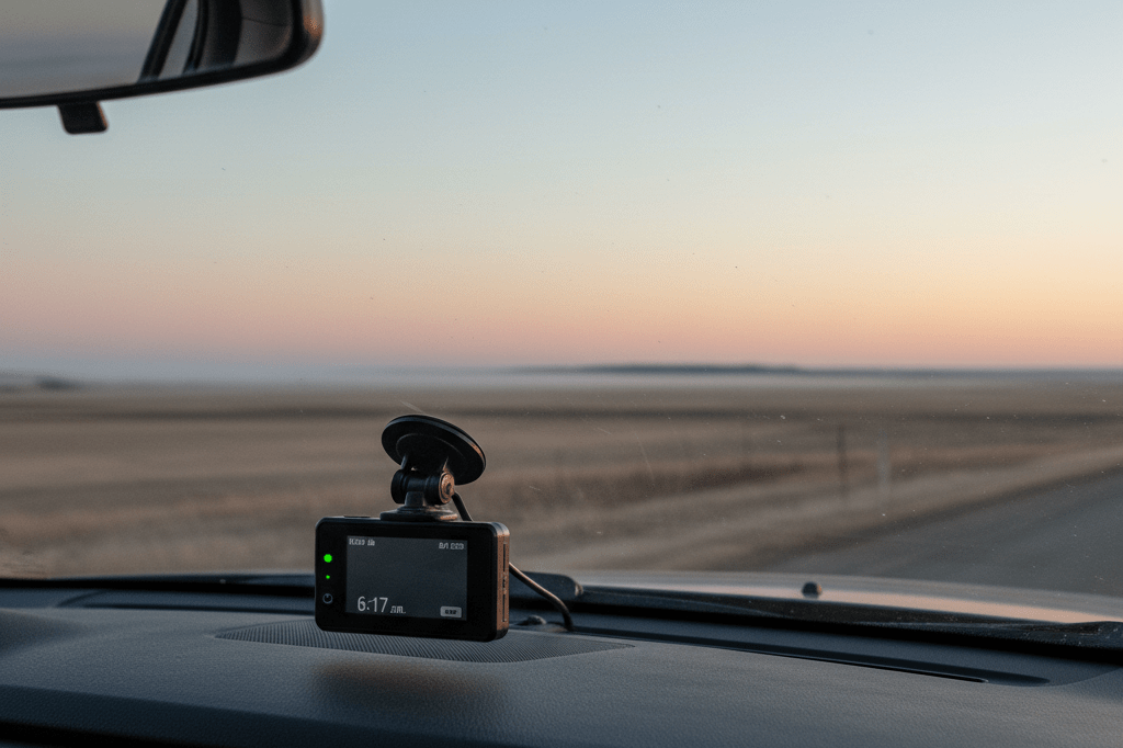 Medium shot of a dashboard-mounted digital camera on a car windshield at dawn in Alberta, capturing ambient sky light before a celestial event