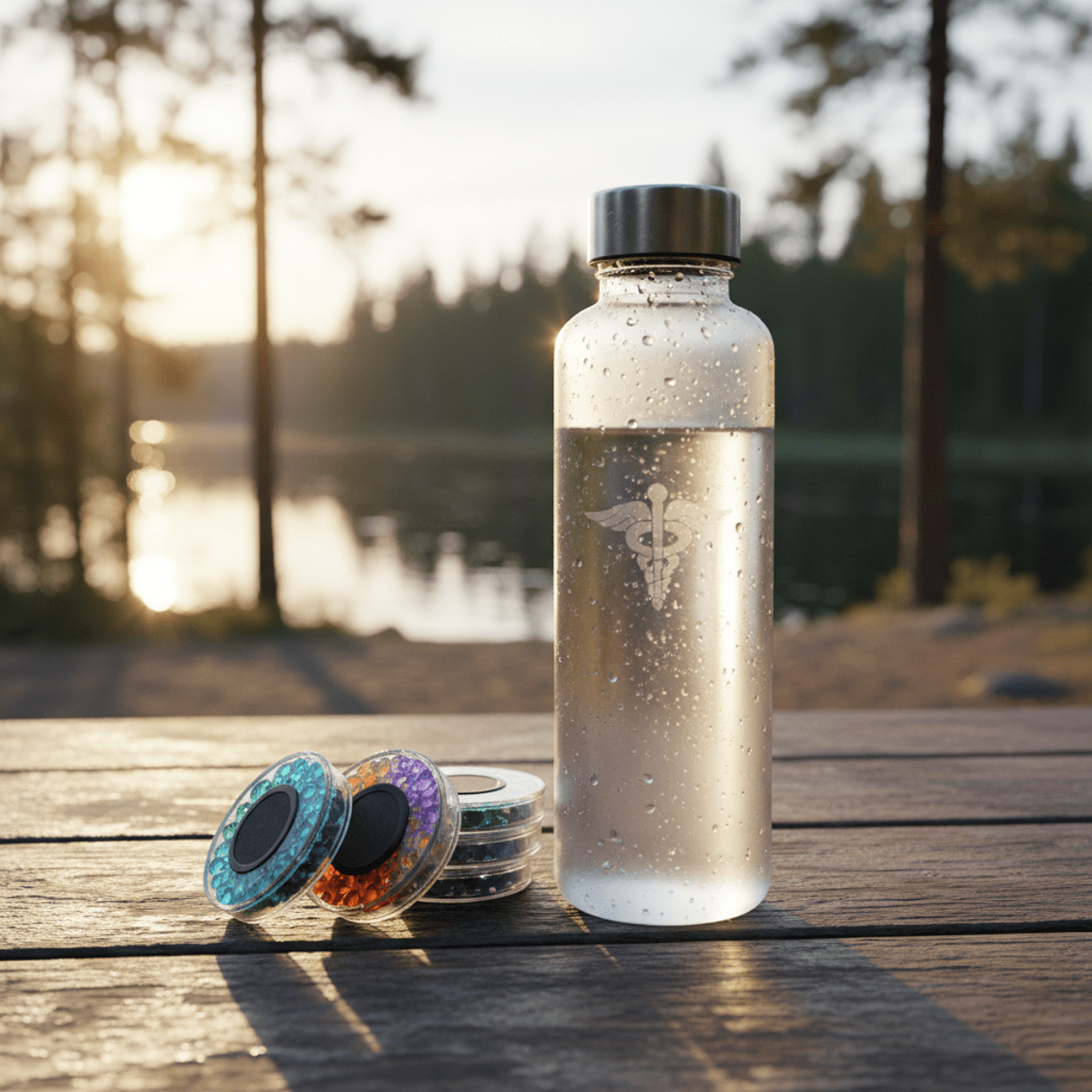 Medical water bottle with flavor pods on a wooden table during golden hour.