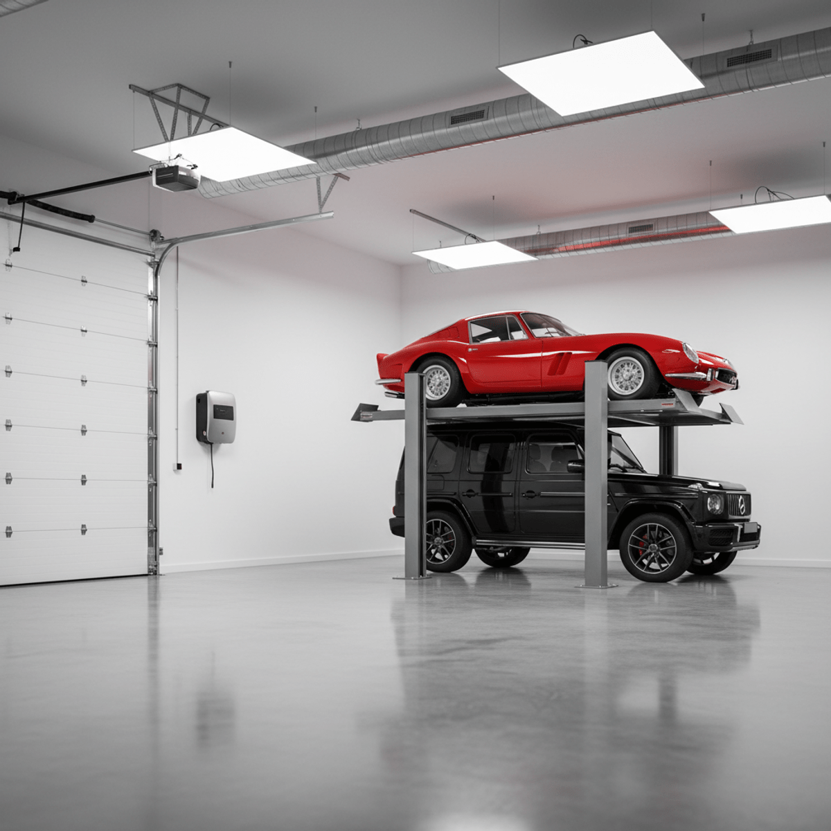 Pristine modern garage interior featuring a car lift and two luxury vehicles.