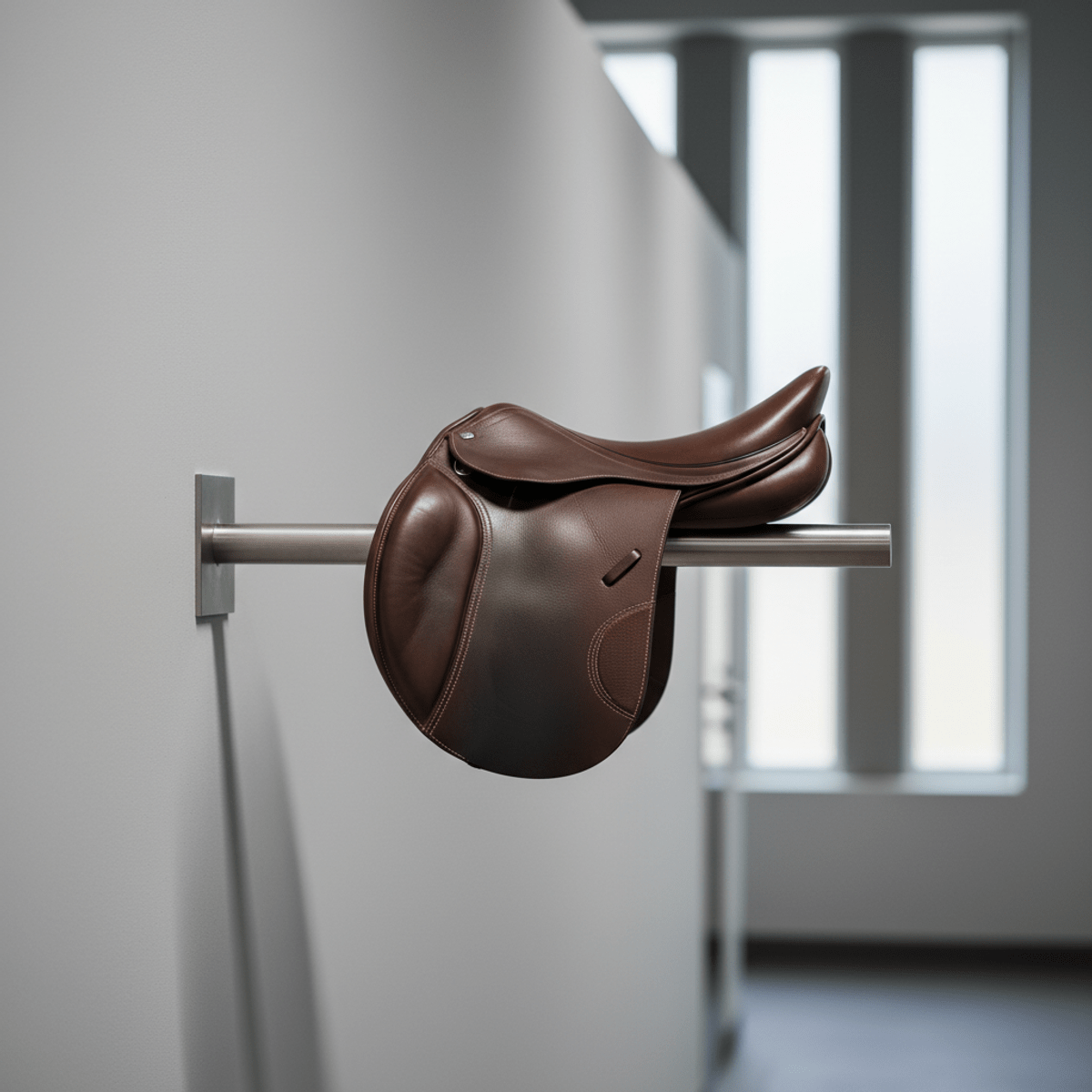 Minimalist floating saddle rack displaying a saddle on a smooth, light gray wall.