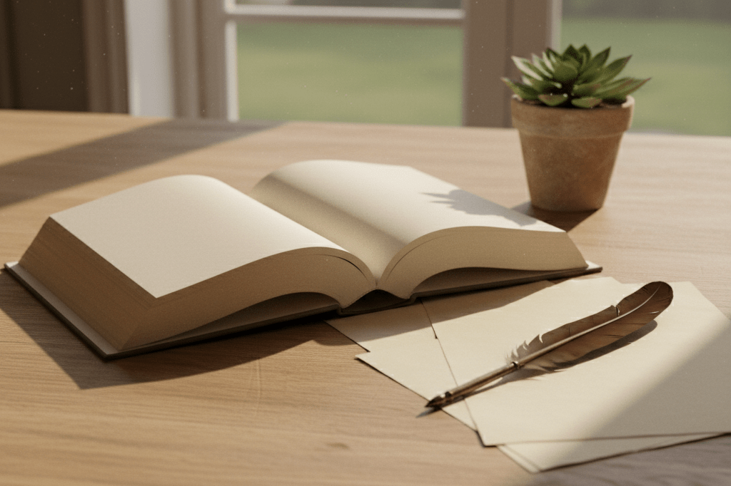 An open hardcover book surrounded by a quill, parchment, and plant under natural daylight, highlighting themes of storytelling and truth