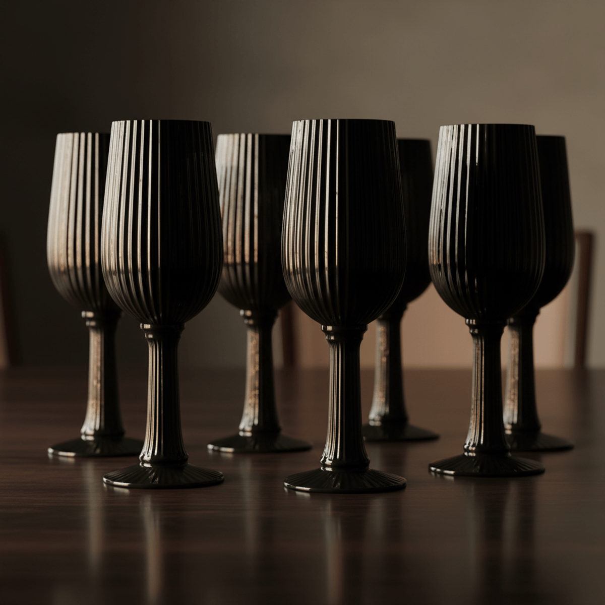 Tall, ribbed black wine glasses arranged on a polished wooden table with dramatic lighting.