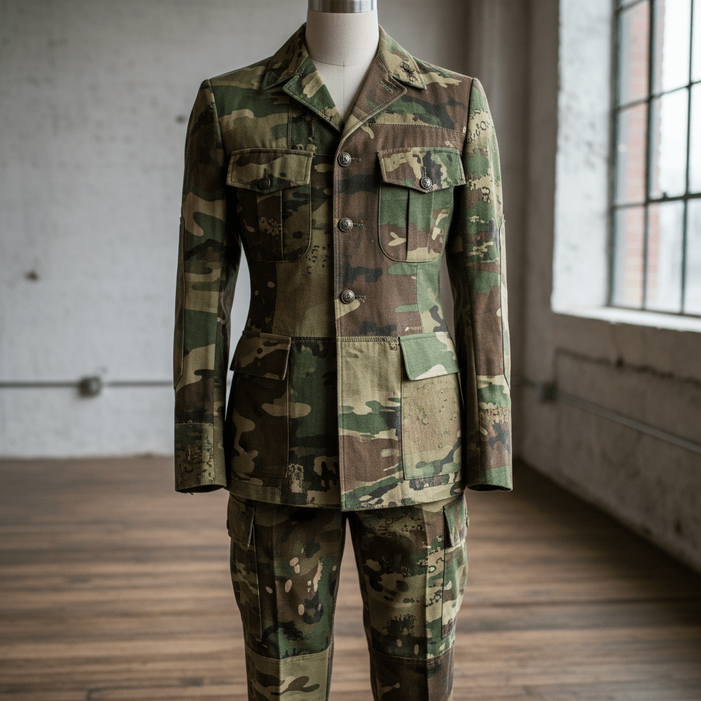 Upcycled combat uniform on mannequin showcasing rugged texture and heritage details.