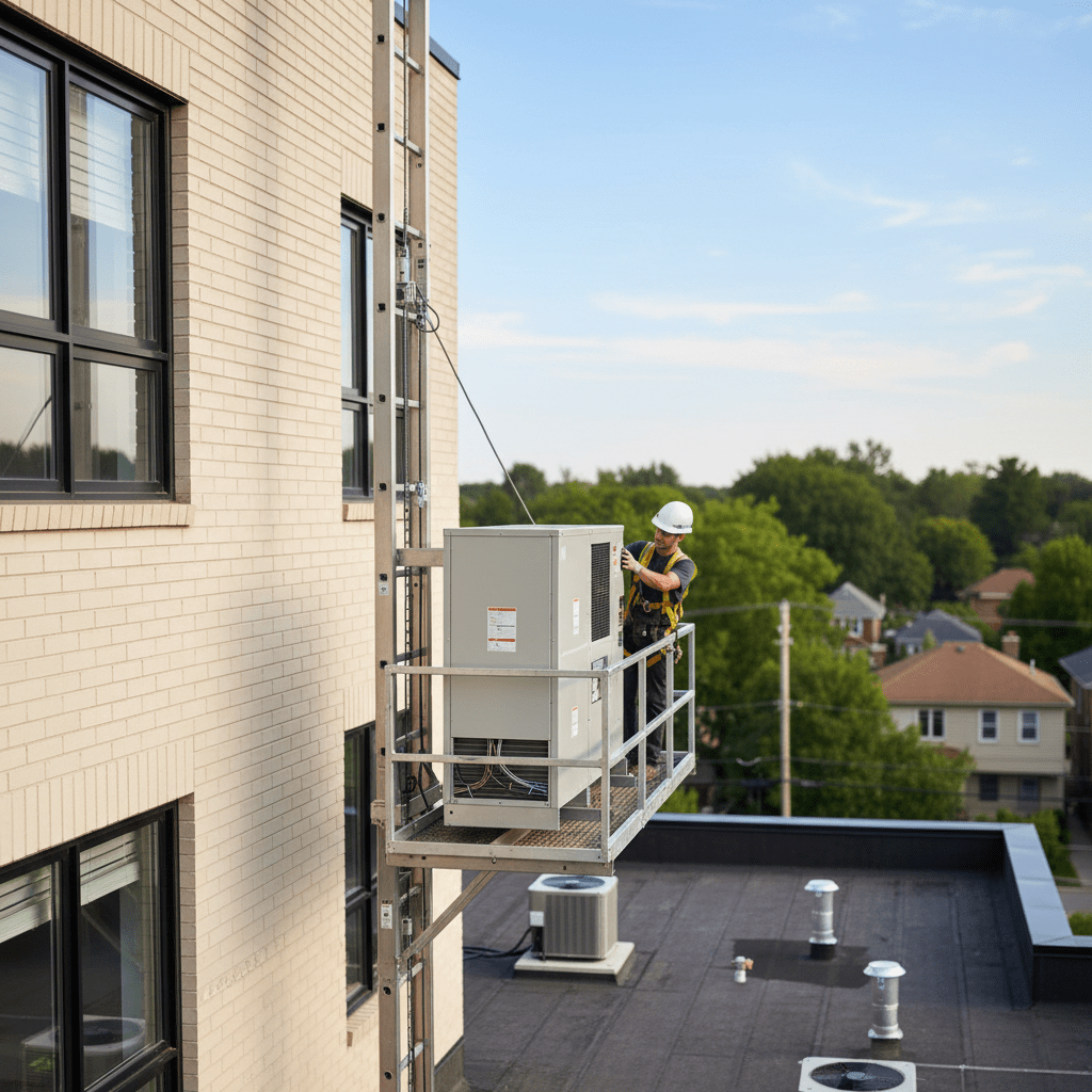 Technician using ladder hoist to lift air handler onto a residential building rooftop.