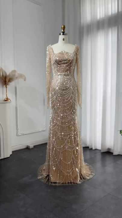 Dubai Luxury Beads Black Mermaid Long Sleeves Arabic Evening Dress for  Women Champagne Formal Dress Prom Dress Lsz114