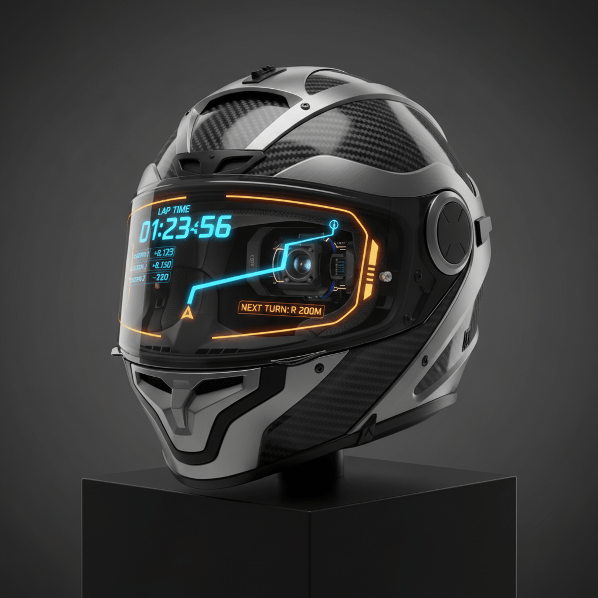 High-tech motorcycle helmet camcorder with holographic lap times and navigation overlays.