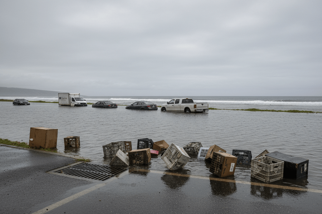 Flooded Oahu Road Reflecting Supply Chain Disruptions Wide shot of flooded road with abandoned vehicles and crates symbolizing disrupted logistics amid severe weather conditions