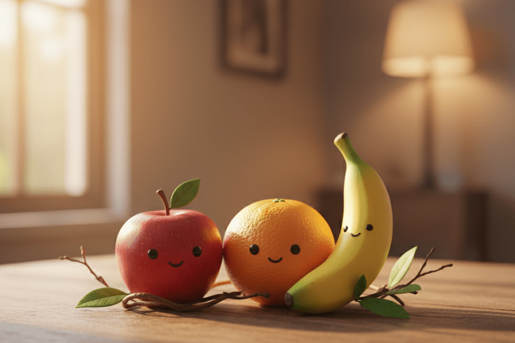 Close-up view of creatively designed fruit characters with simple faces on a wooden surface, showcasing character-driven marketing