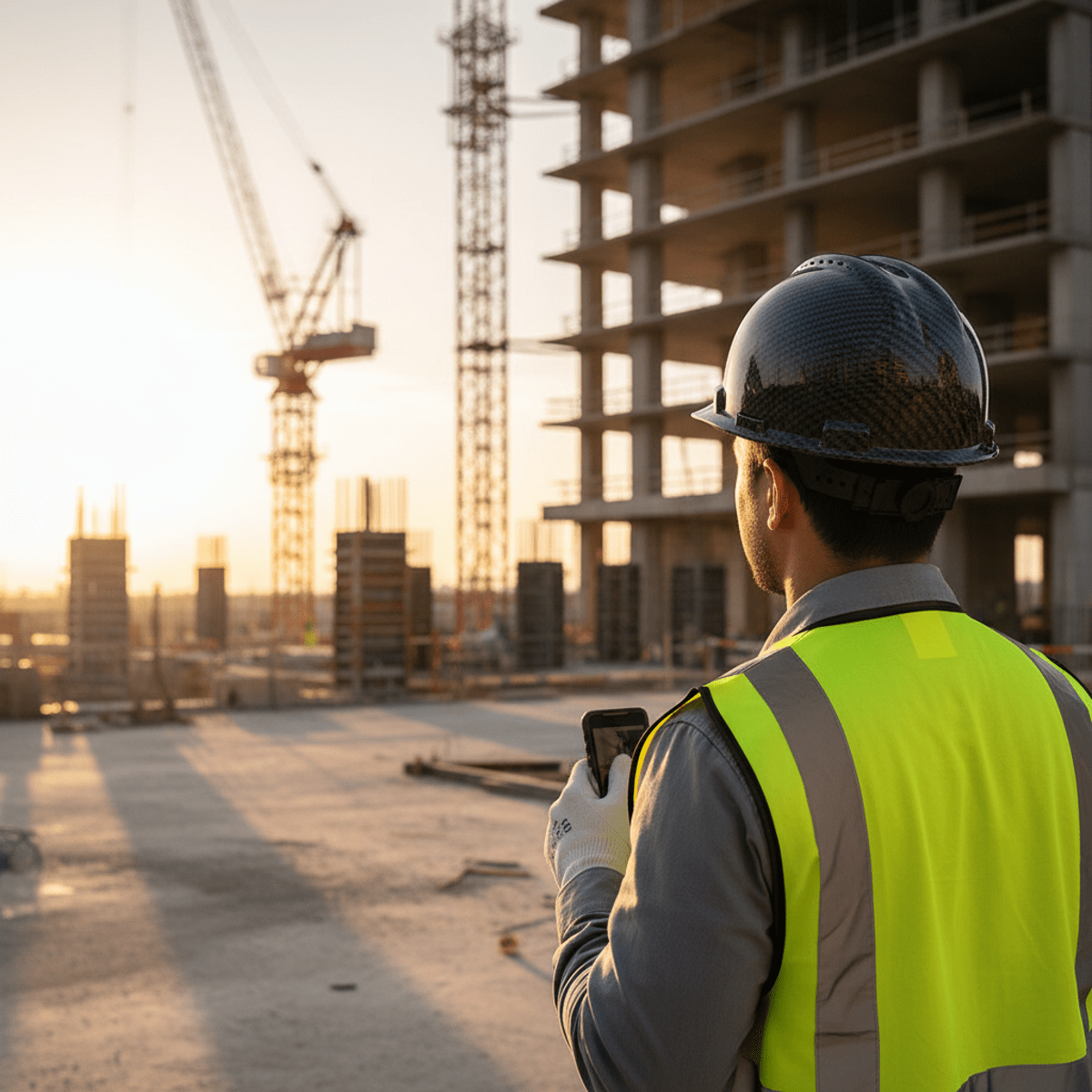 Construction worker in 2026 wearing a glossy carbon fiber hard hat and reflective vest.