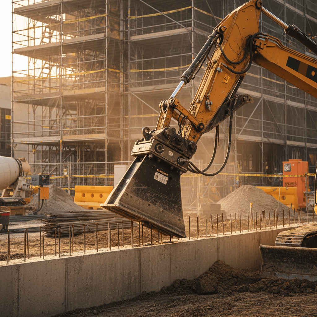 Excavator compacts soil near concrete foundation on a busy urban construction site.