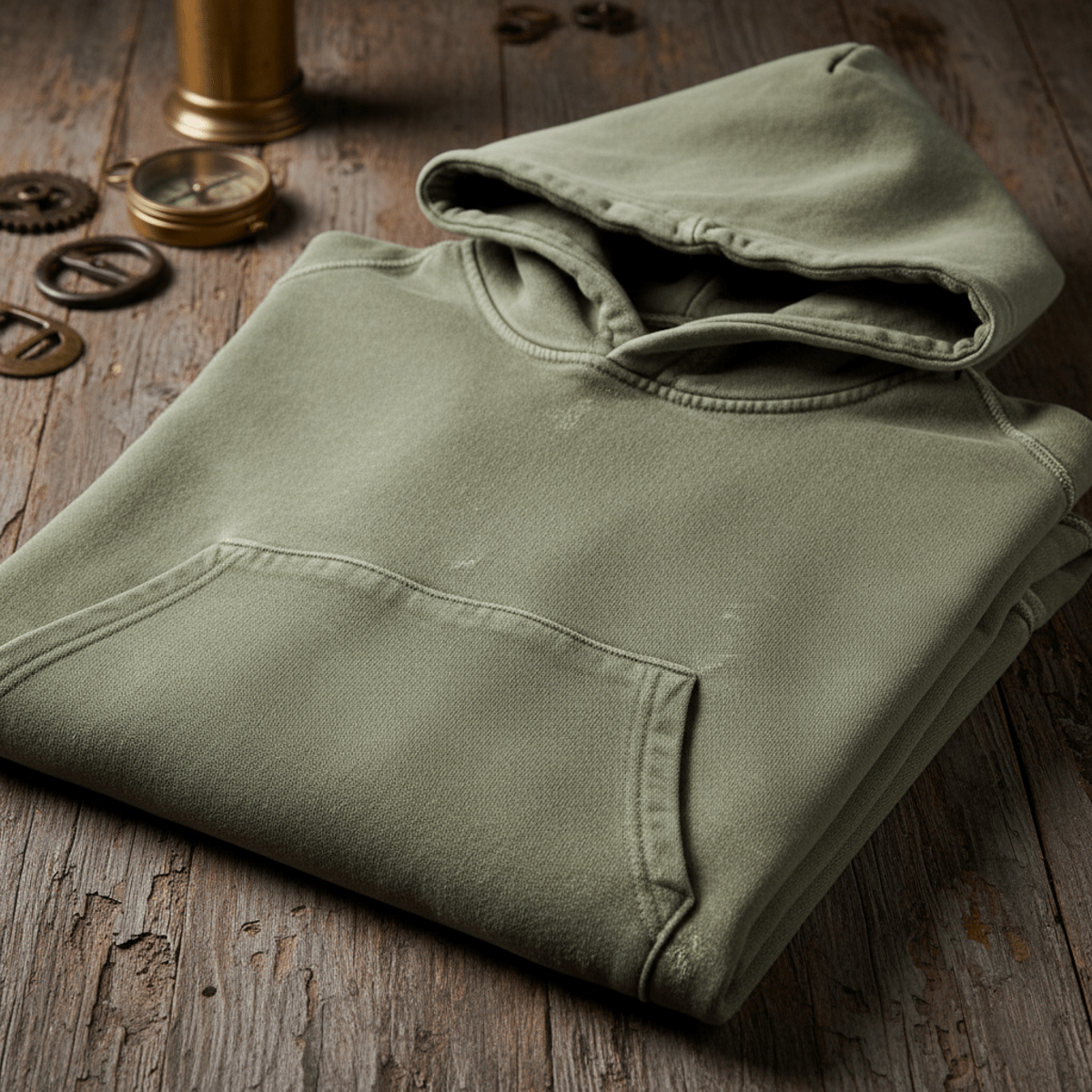 Close-up of olive green hoodie showcasing artisanal imperfections and brushed cotton texture.