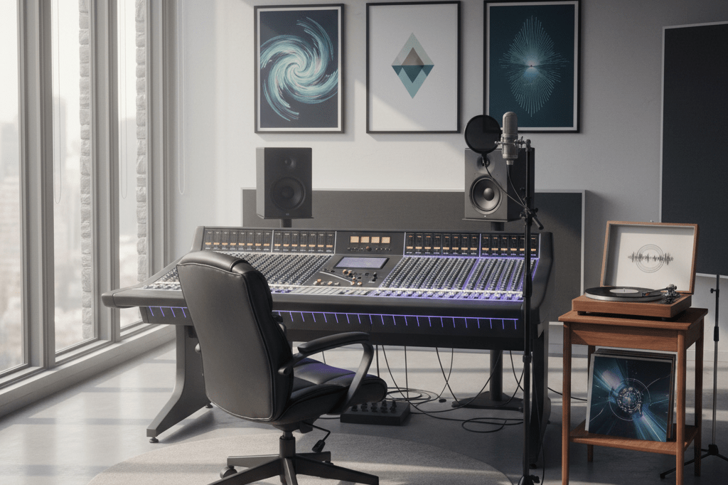 Wide shot of a recording studio control room with mixing console, vinyl records, and abstract artwork under ambient lighting