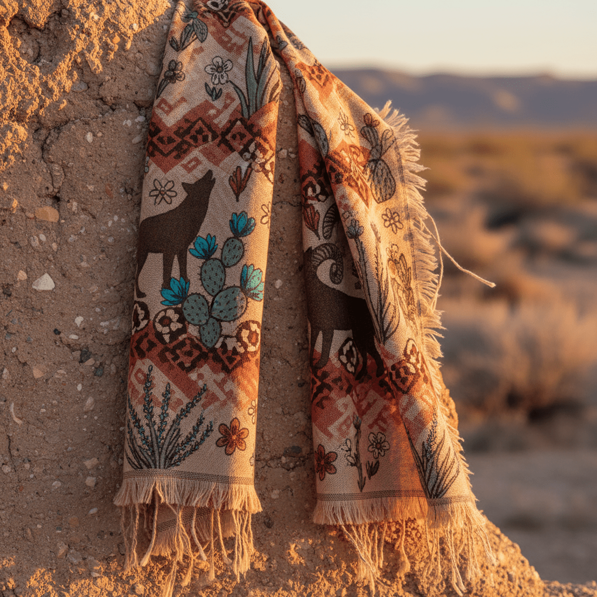 Bohemian desert scarf with animal prints and botanical motifs on adobe wall.