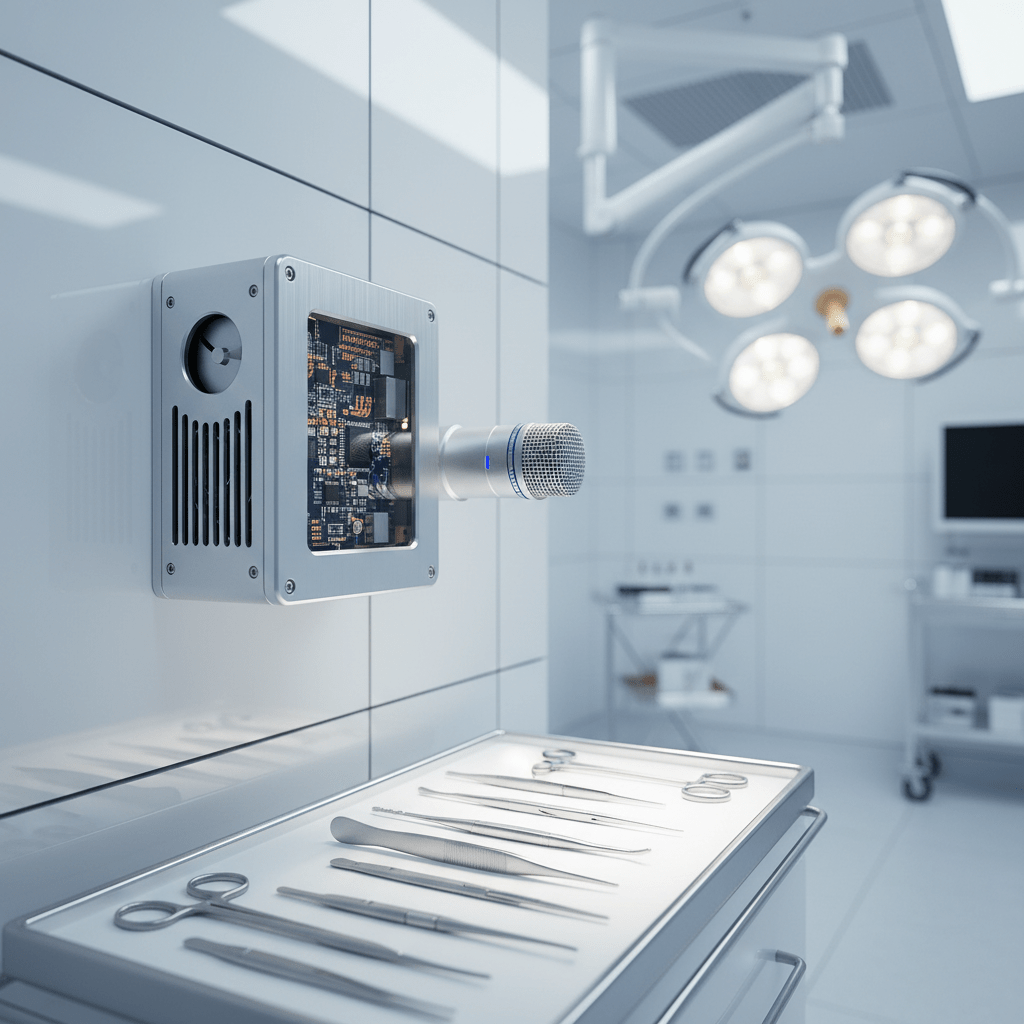 Compact industrial PC and microphone in a sterile surgical suite with precision design.