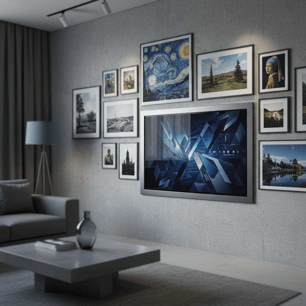 Sophisticated gallery living room with digital art on a 4K TV.