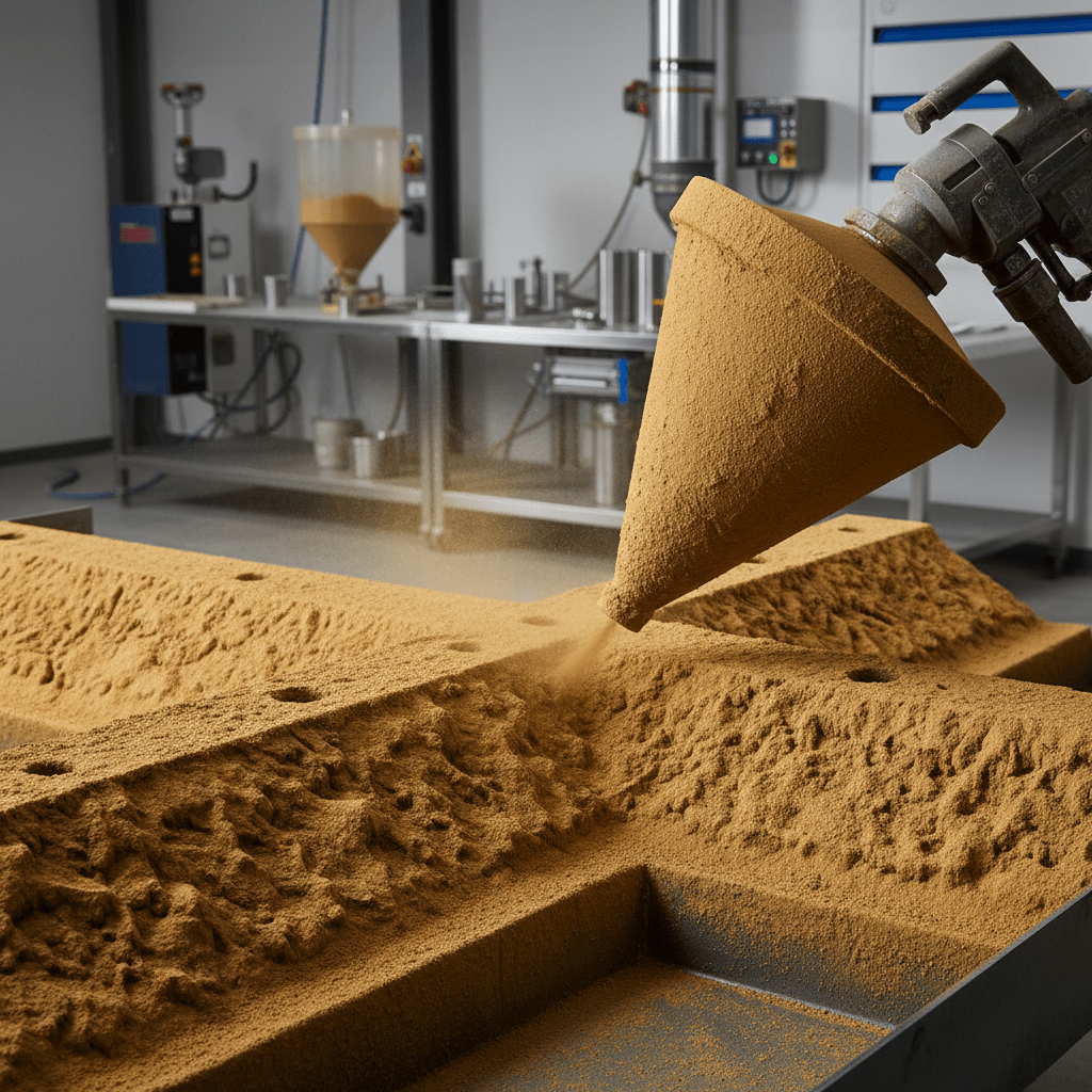 Powder coating gun applies heavy texture resembling aged stone and sand.