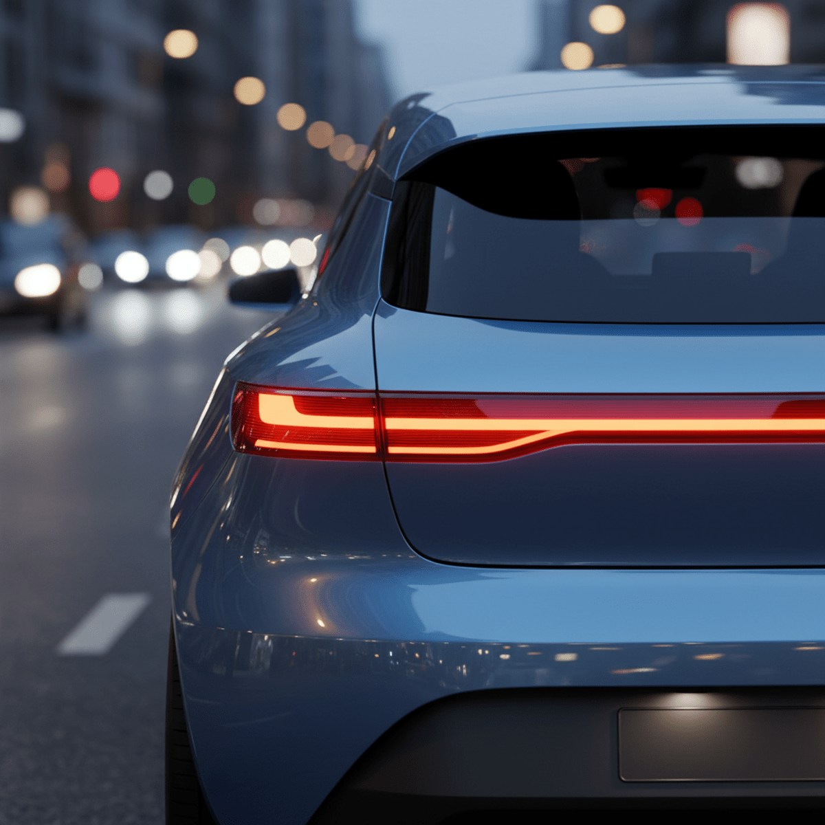 Close-up of subcompact car rear with glowing red and amber full-width LED lightbar.