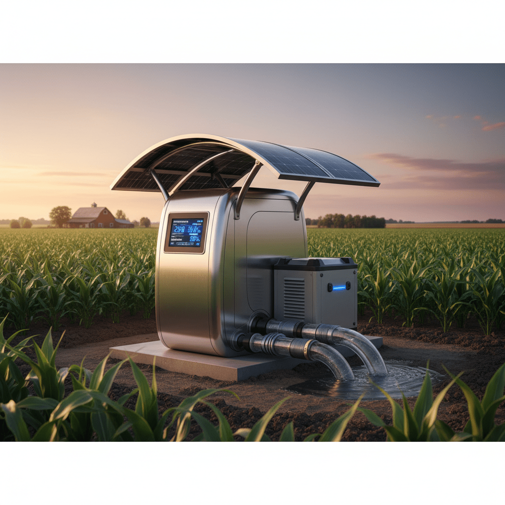 Futuristic solar-ready water pump installation in a field at golden hour.