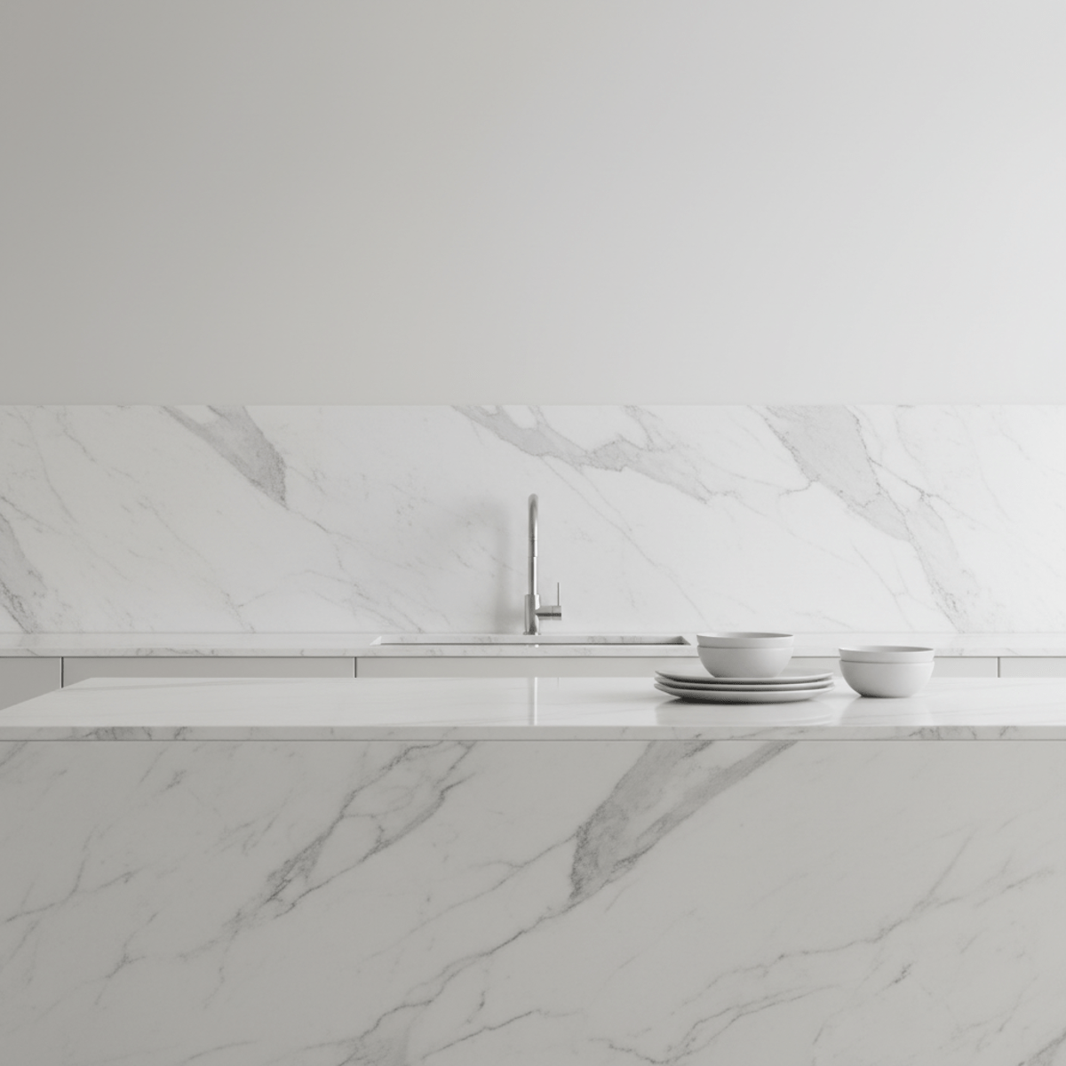 Minimalist kitchen with large-format porcelain slab countertops and matching backsplash.