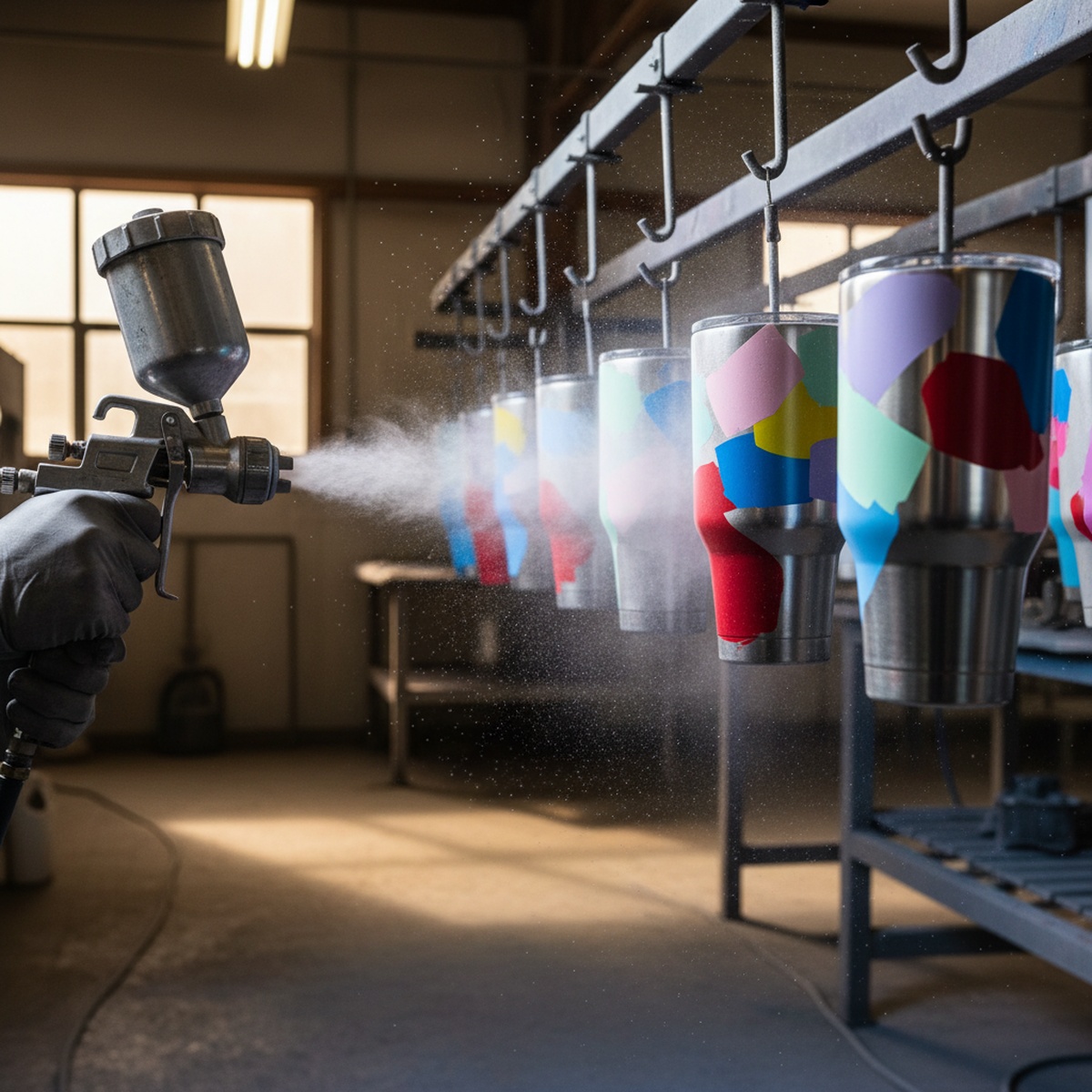 Powder gun spraying colorful paint mist onto insulated tumblers in workshop.