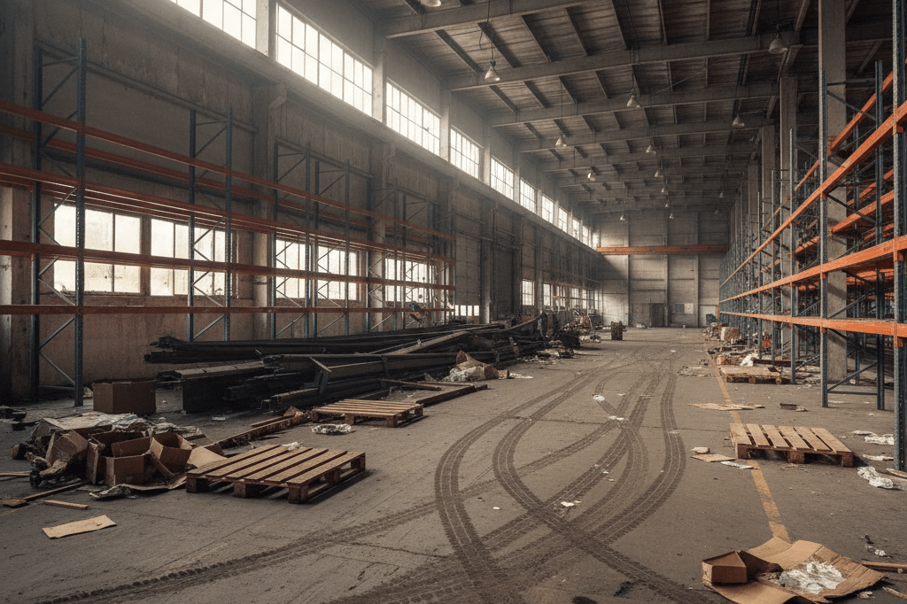 Empty industrial warehouse with fallen beams and scattered inventory, symbolizing manufacturing disruption caused by unexpected crises