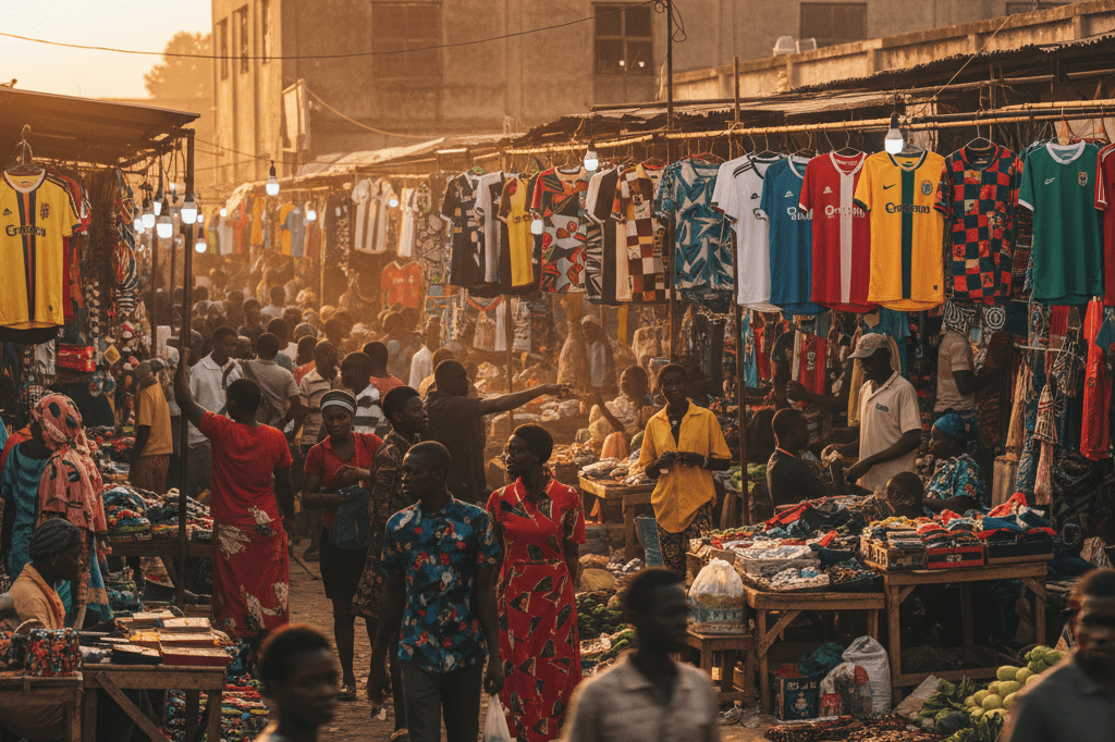 Colorful football jerseys displayed in a lively West African market under natural and ambient lighting