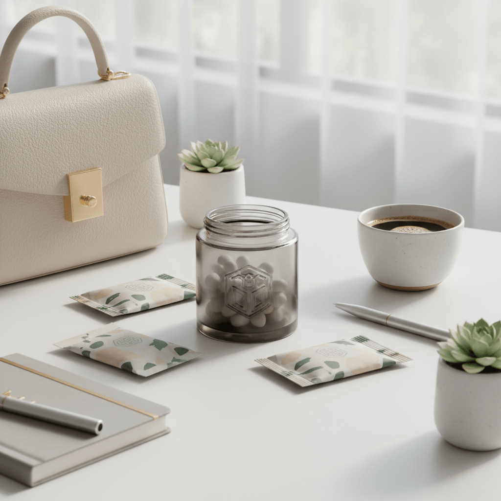 Elegant glass teeth whitening gum container with matte texture in a minimalist workspace.