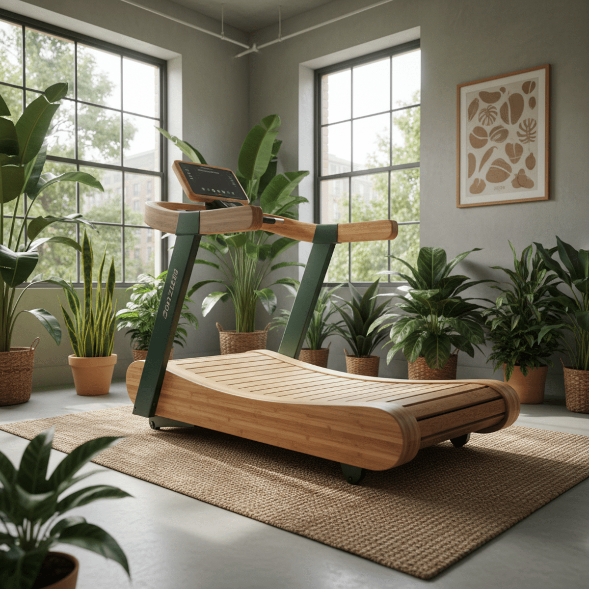 Curved treadmill made of bamboo and recycled materials in a sunny studio with plants.