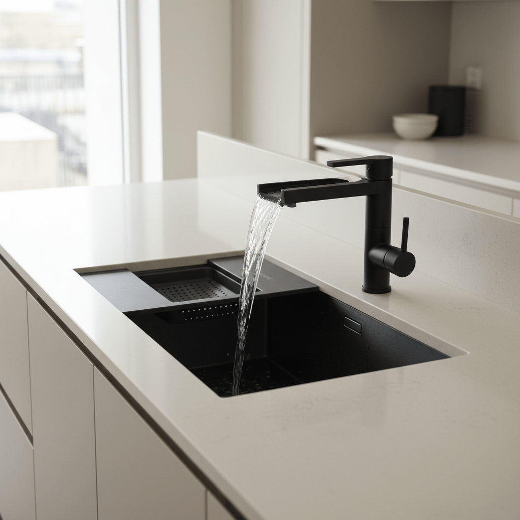 Sculptural matte black waterfall kitchen sink with matching faucet on light quartz.
