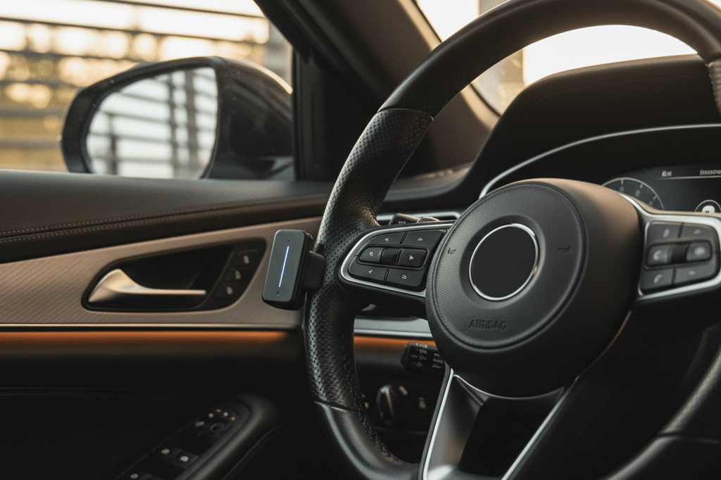 Detailed view of a modern car's steering wheel with a discreet aftermarket control kit under natural ambient lighting