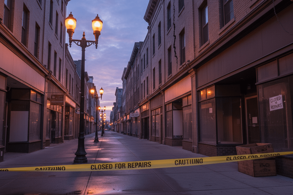 Dusk view of deserted commercial street with caution tape, cracked building facade, and stacked crates under soft lamplight