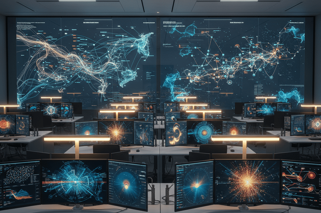 Wide shot of a modern analytics center showcasing animal migration and consumer behavior data under warm ambient lighting