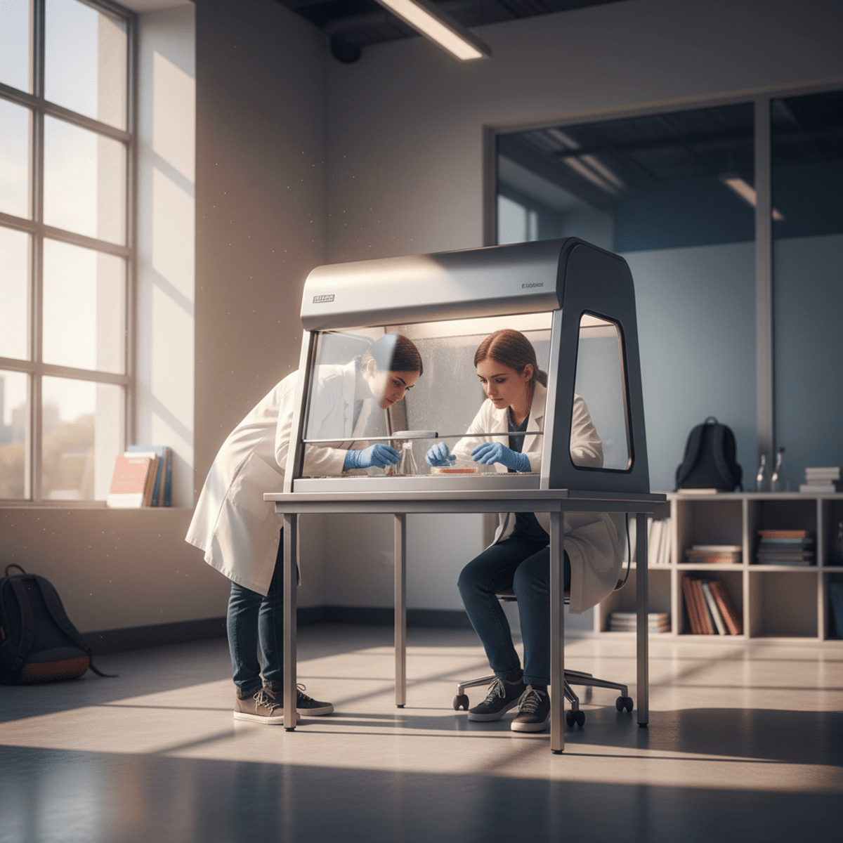 Sleek portable laminar flow hood in a modern classroom, students observing sample preparation.