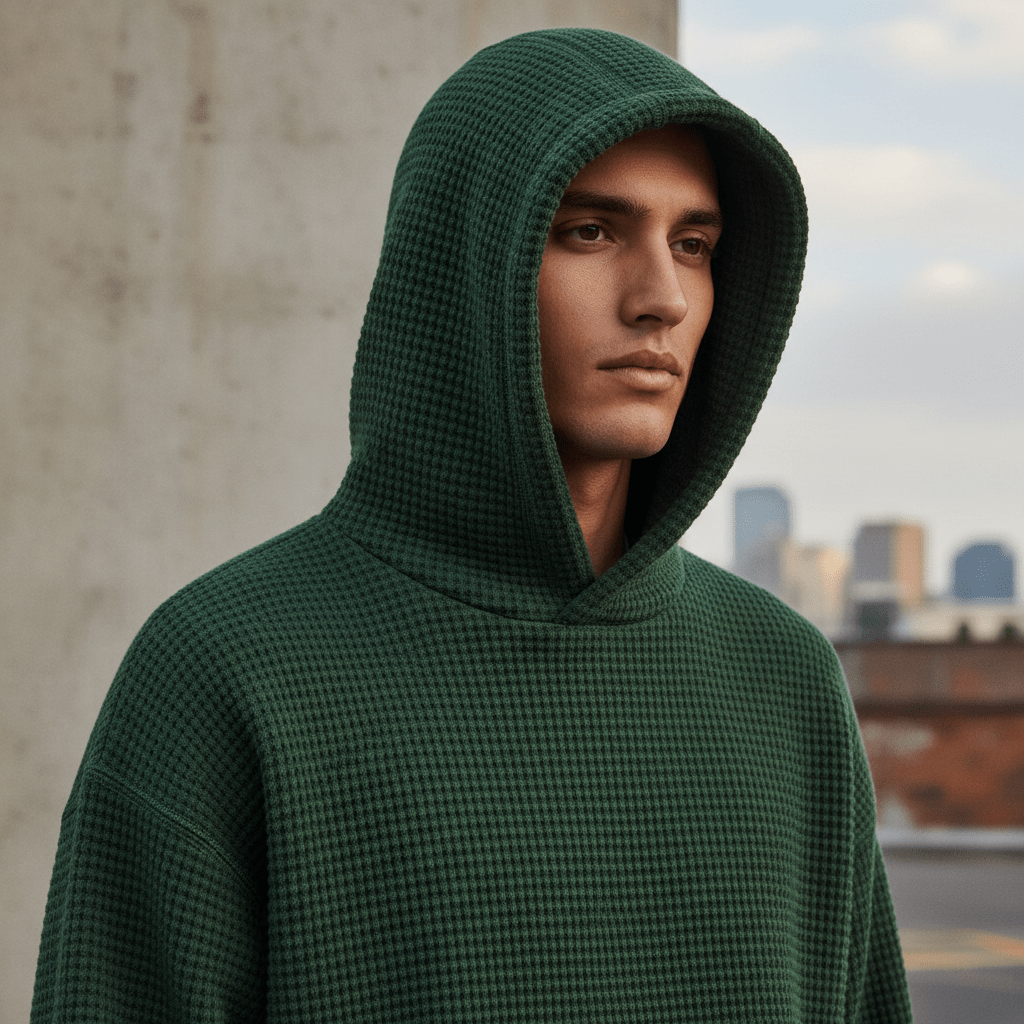 Close-up of a hunter green waffle-knit hoodie showcasing its intricate thermal texture.