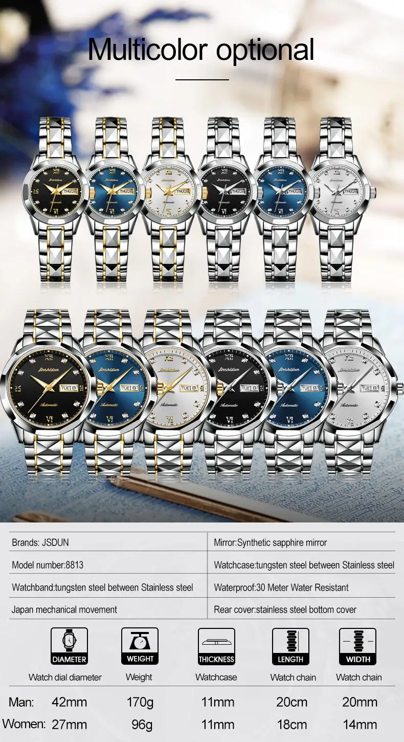 Men Watch 8813 JSDUN Automatic Mechanical WristWatch Stainless Steel Strap Analog Date Watch Fashion Business Clock