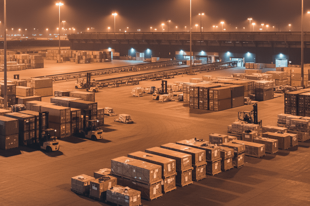 Busy air cargo terminal filled with crates and idle equipment under warm ambient lighting, depicting operational disruptions