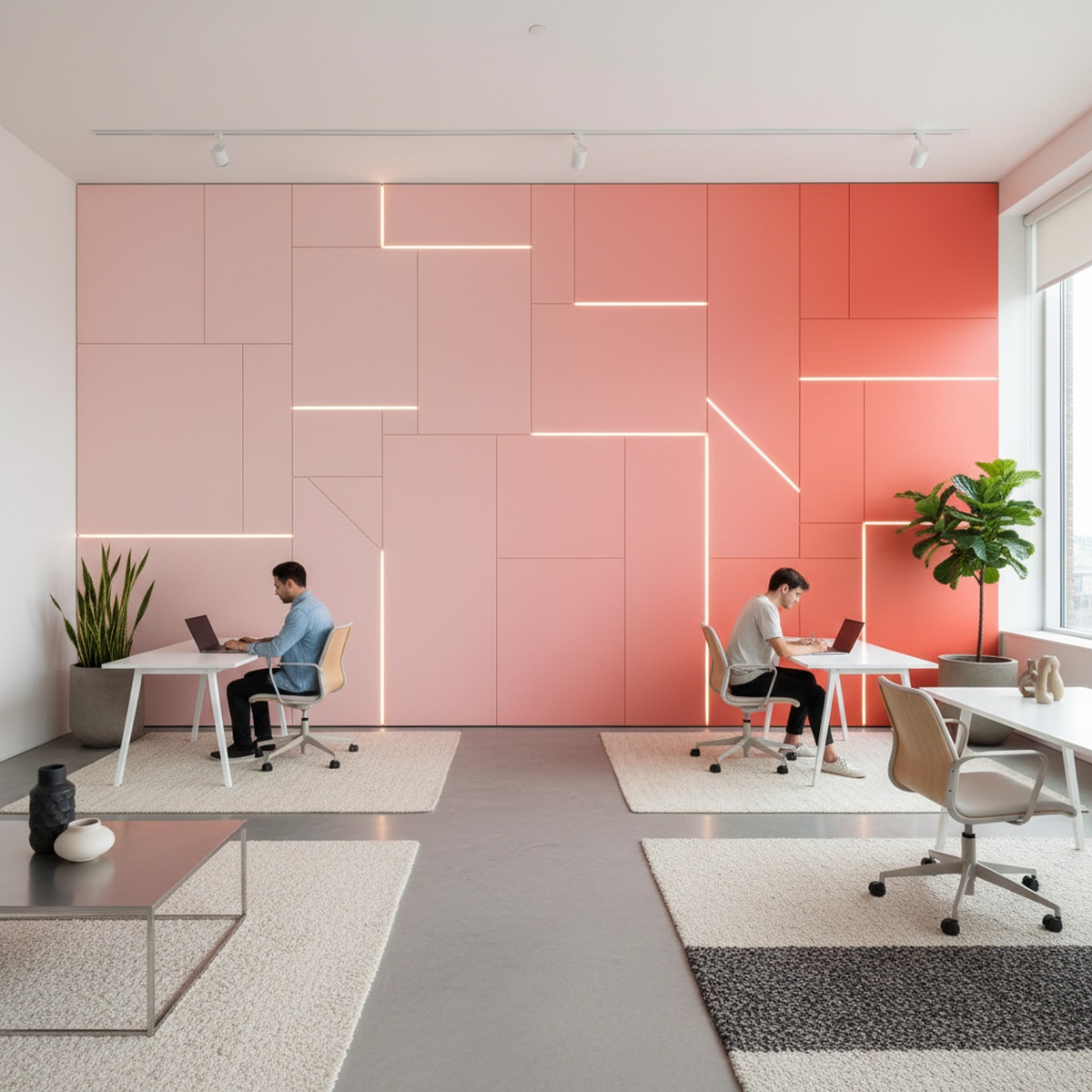Contemporary office with gradient blush pink to coral panels and geometric design.