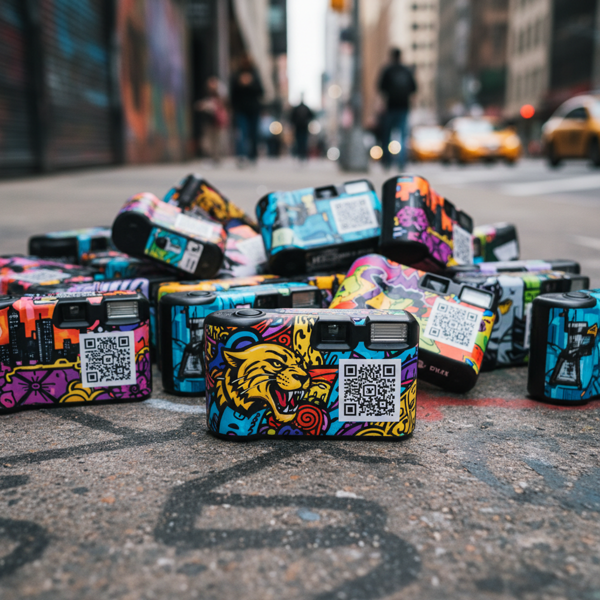 Vibrant disposable cameras with urban wraps on a graffiti sidewalk.