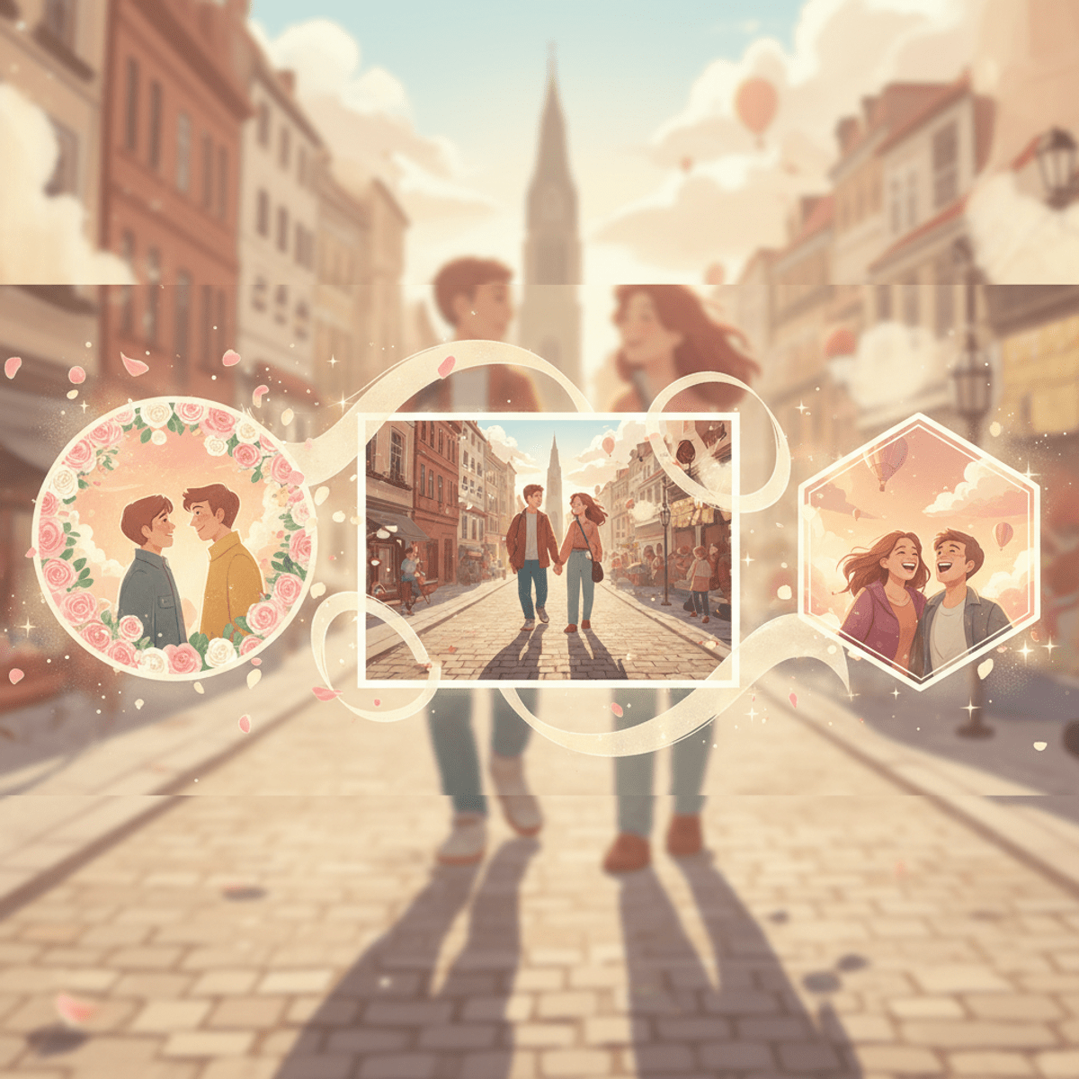 Animated love story unfolds in soft pastel frames with hand-painted textures and romantic imagery.
