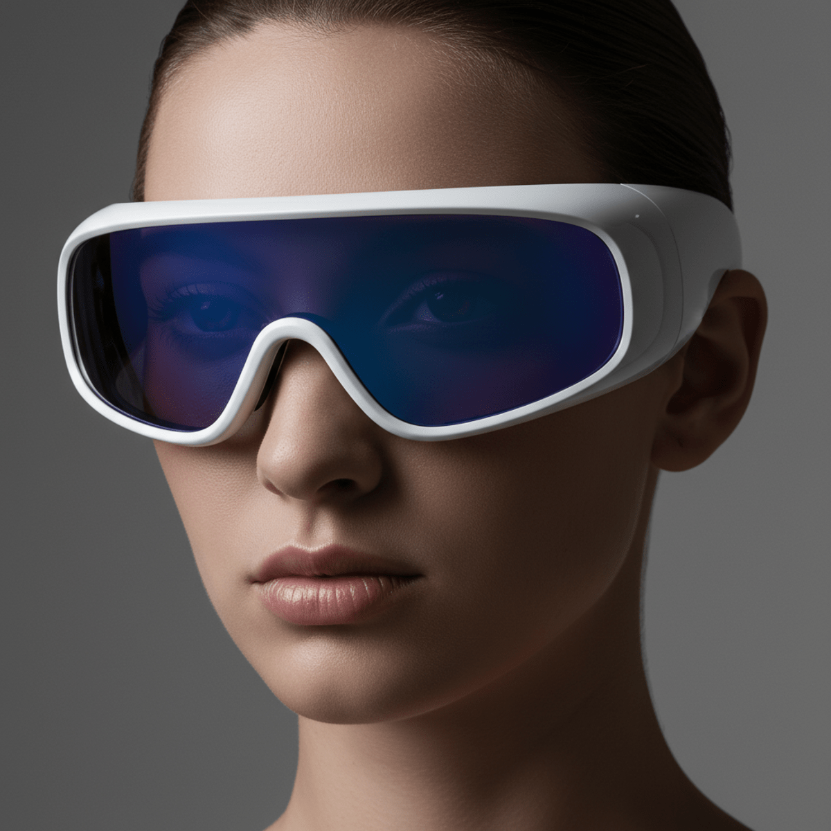 Model wearing sleek, goggle-like wraparound eyewear with chrome frames and gradient lenses.