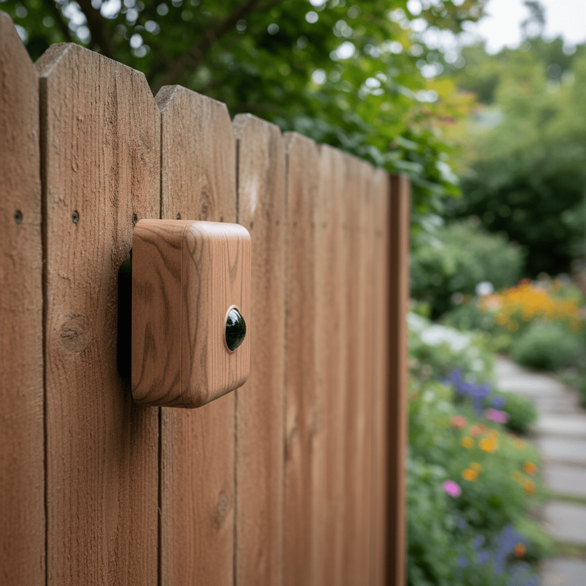 Modular ultrasonic cat repellent unit with wood grain texture on a cedar fence.