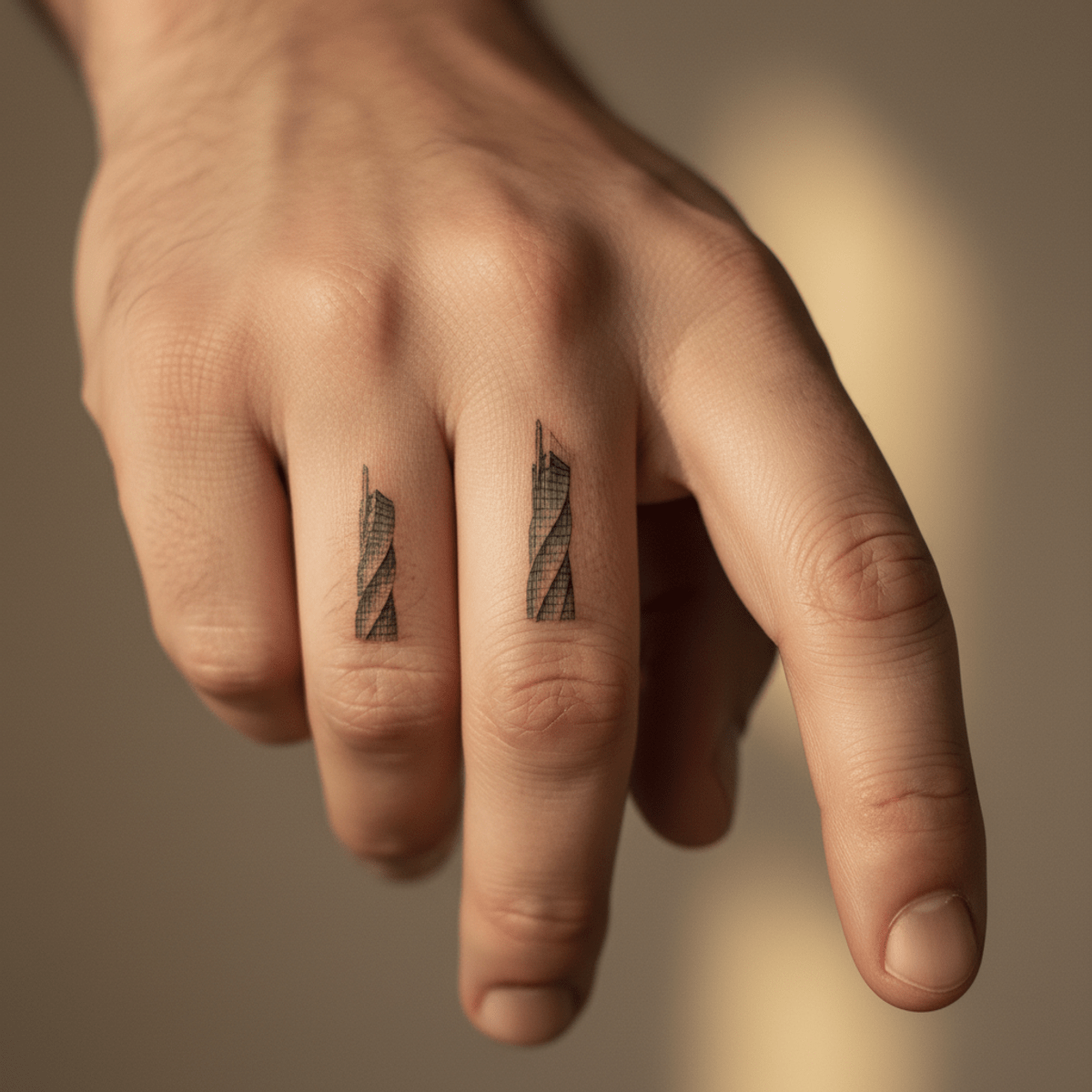Tiny architectural landmark tattoo on hand Micro-realism tattoo of an architectural landmark on a man's hand.