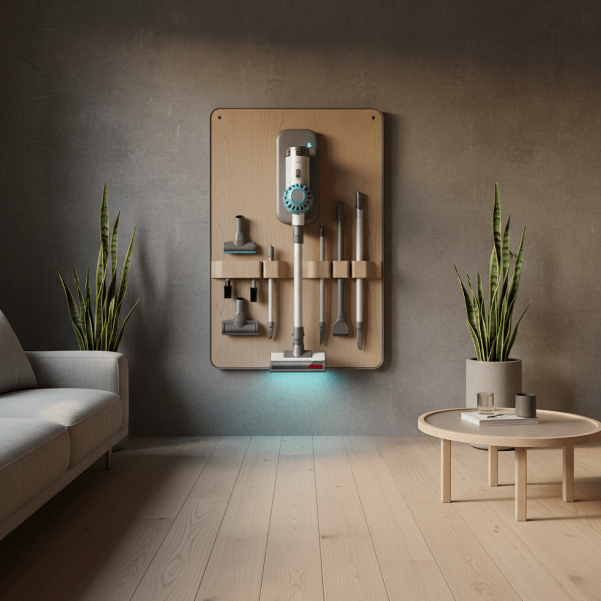 Artistic wall-mounted dock displays a cordless vacuum in a minimalist apartment.