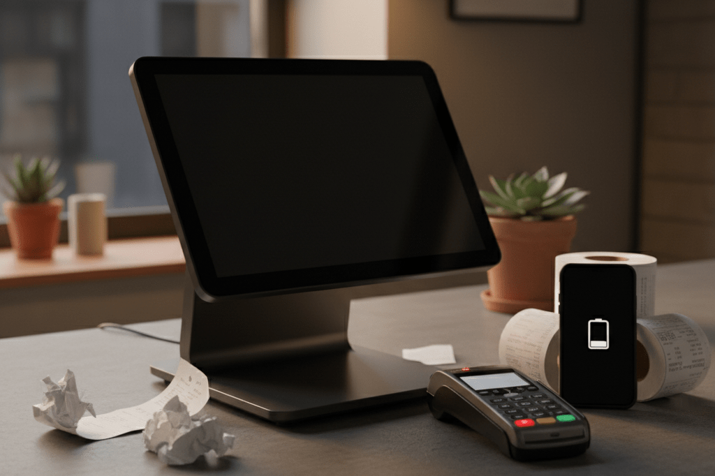 Modern retail counter showing offline payment terminal and backup mobile device under warm ambient lighting