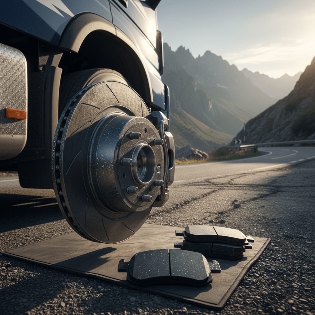 Heavy-duty electric truck wheel assembly with graphene-infused composite brake pads.